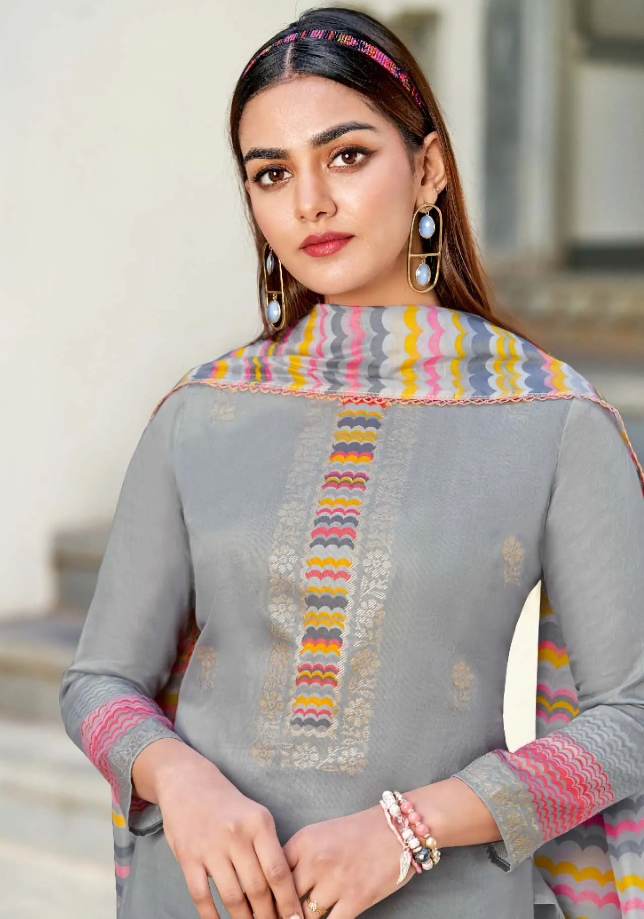 Alok Karachi Grey Unstitched Cotton Salwar Suits Dress Material