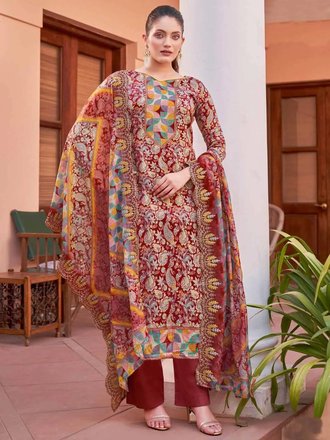 Alok Unstitched Printed Red Cotton Salwar Suits Set