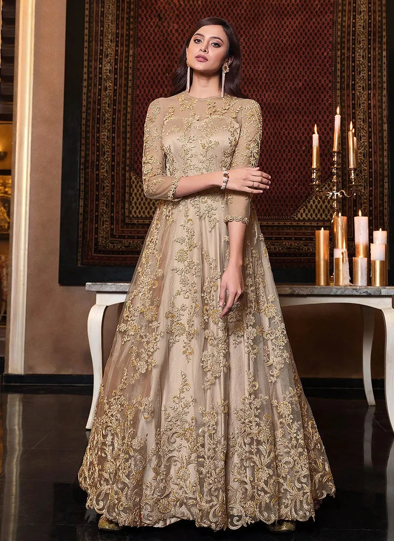 Beige Sequins Embroidered Floor Length Anarkali Suit