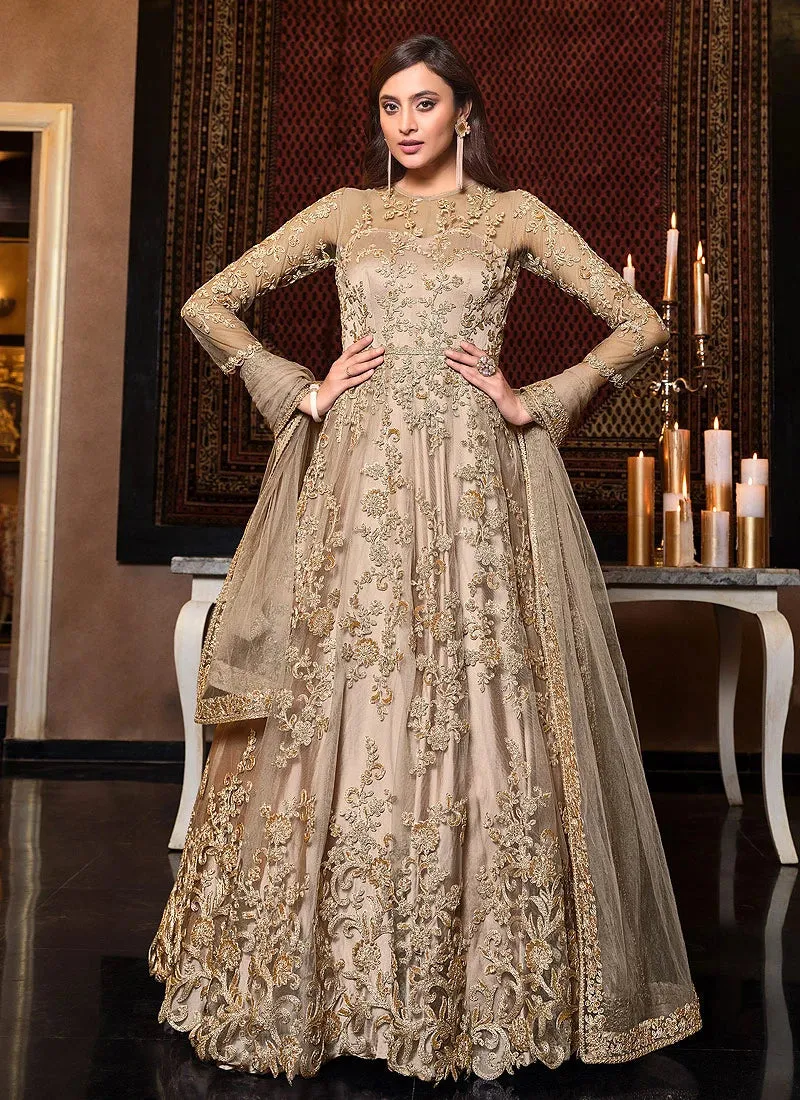 Beige Sequins Embroidered Floor Length Anarkali Suit