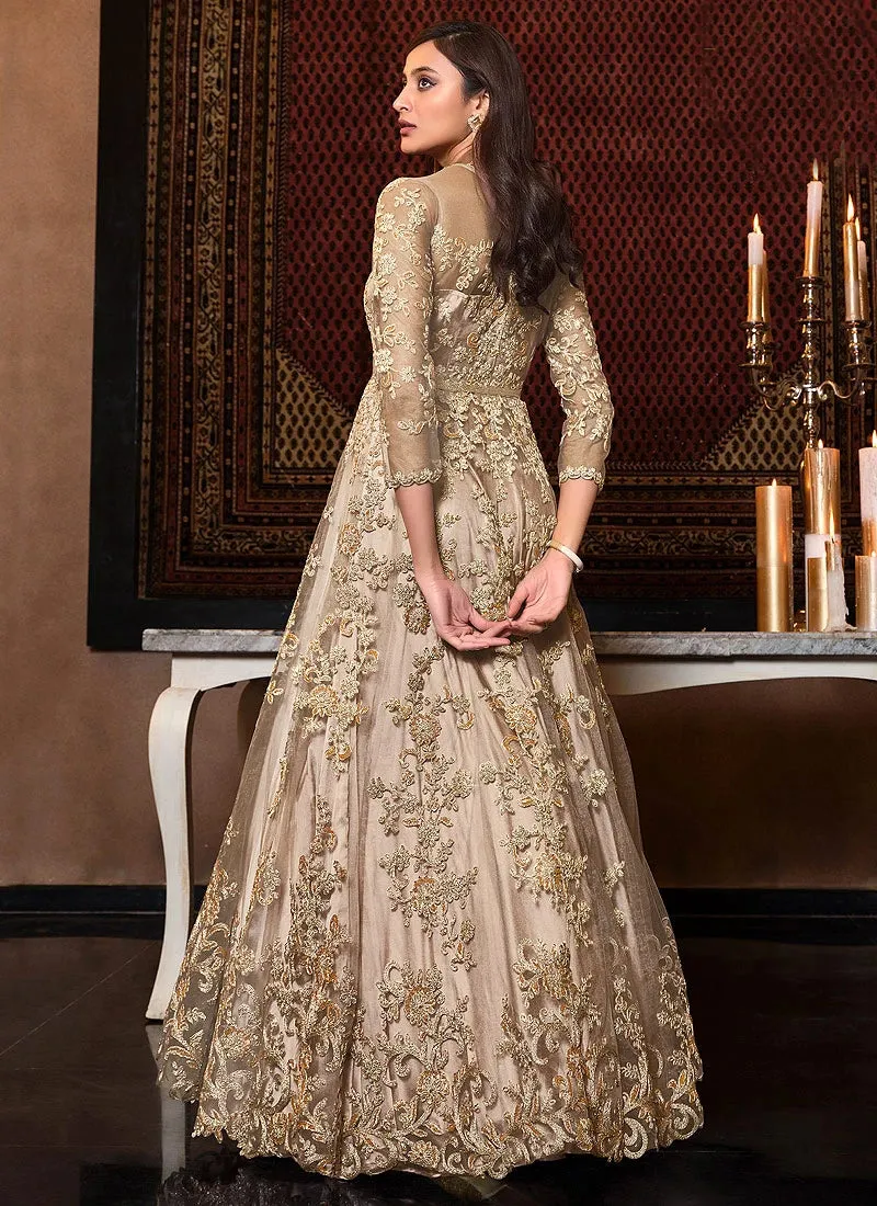 Beige Sequins Embroidered Floor Length Anarkali Suit