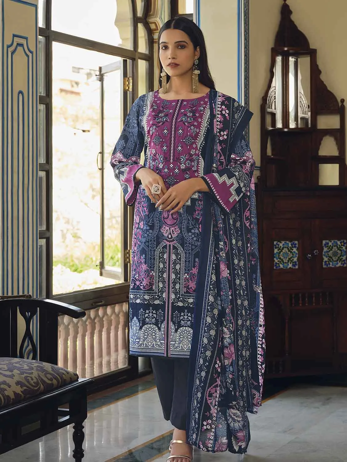 Belliza Pakistani Print Unstitched Cotton Suits with Dupatta Blue