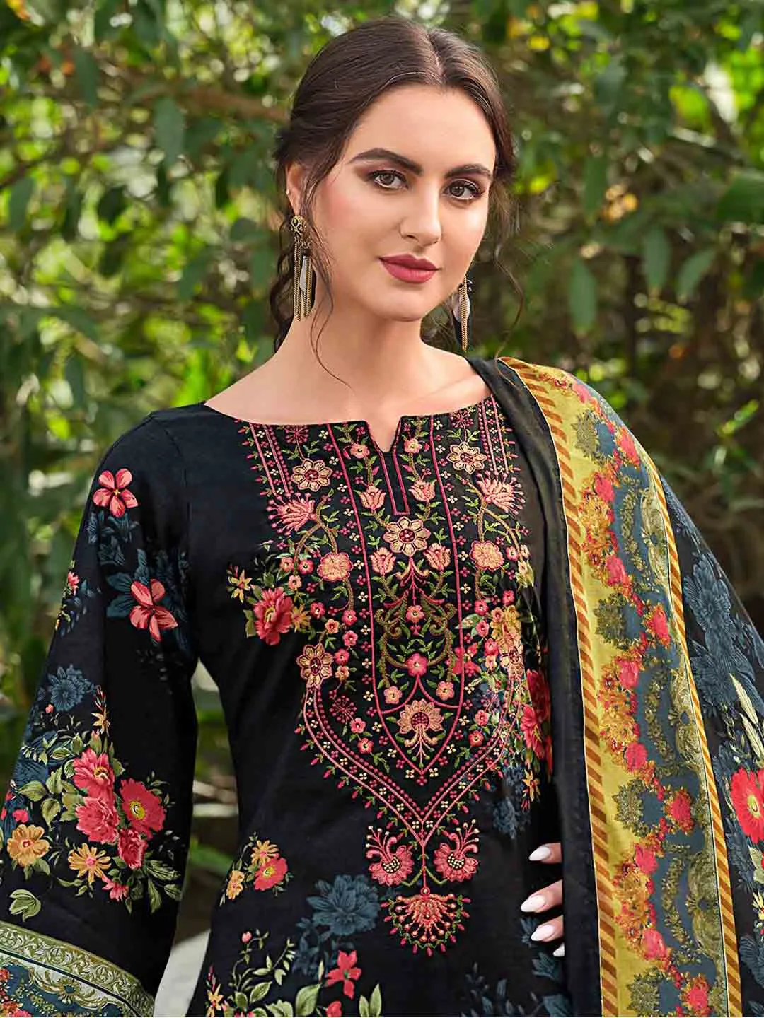 Black Pakistani Print Unstitched Cotton Suit with Embroidery