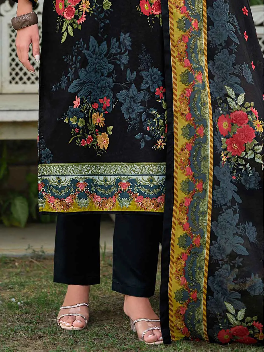 Black Pakistani Print Unstitched Cotton Suit with Embroidery