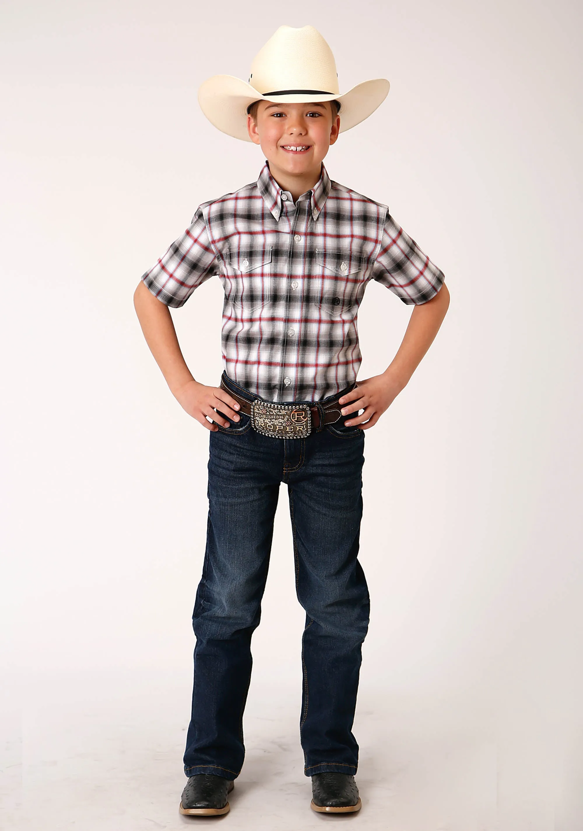 BOYS SHORT SLEEVE BUTTON CLASSIC OMBRE STRETCH PLAID WESTERN SHIRT