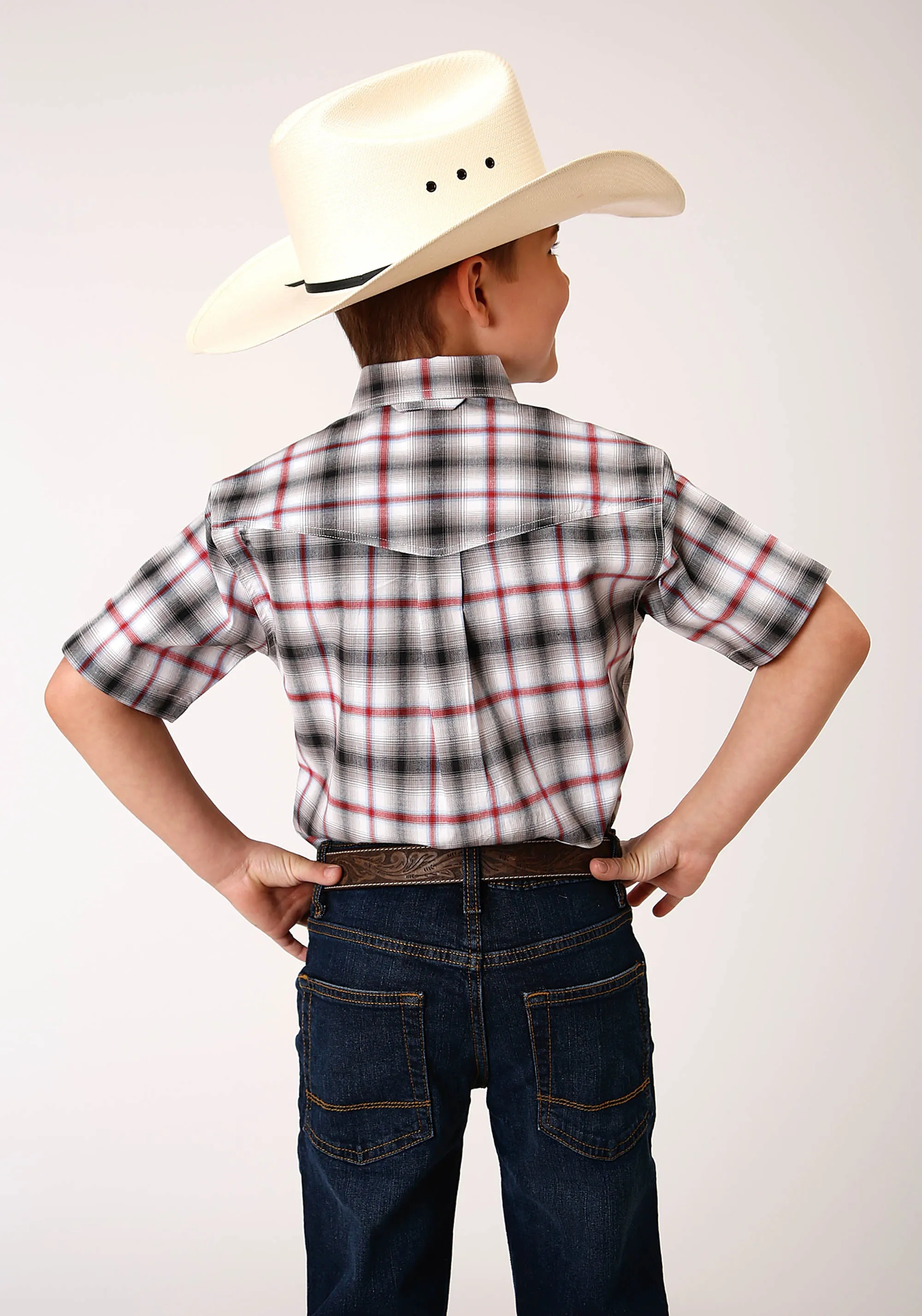 BOYS SHORT SLEEVE BUTTON CLASSIC OMBRE STRETCH PLAID WESTERN SHIRT