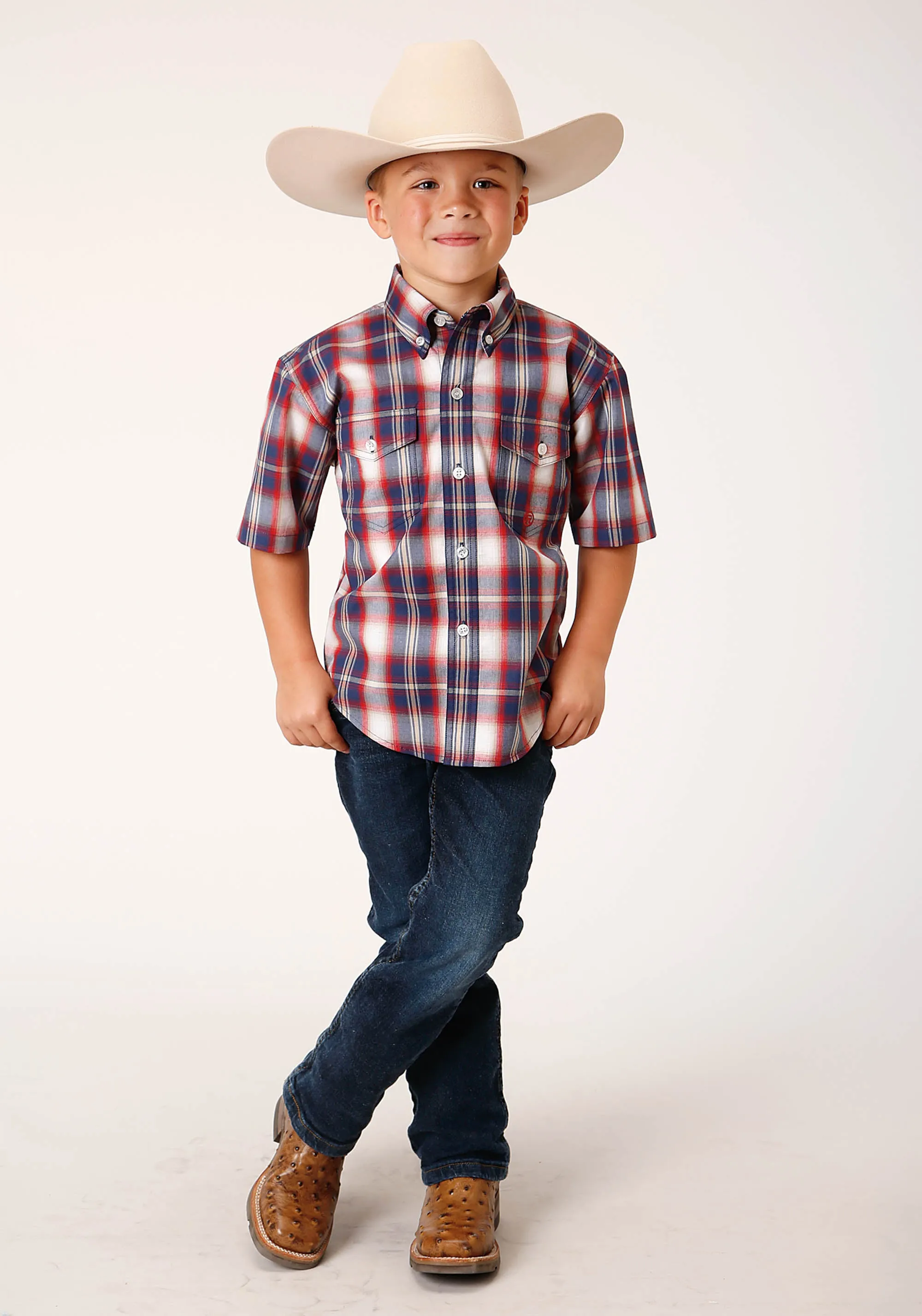 BOYS SHORT SLEEVE BUTTON INDEPENDENCE PLAID WESTERN SHIRT