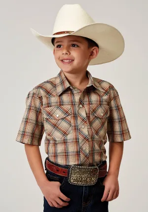 BOYS SHORT SLEEVE SNAP BROWN PLAID WESTERN SHIRT