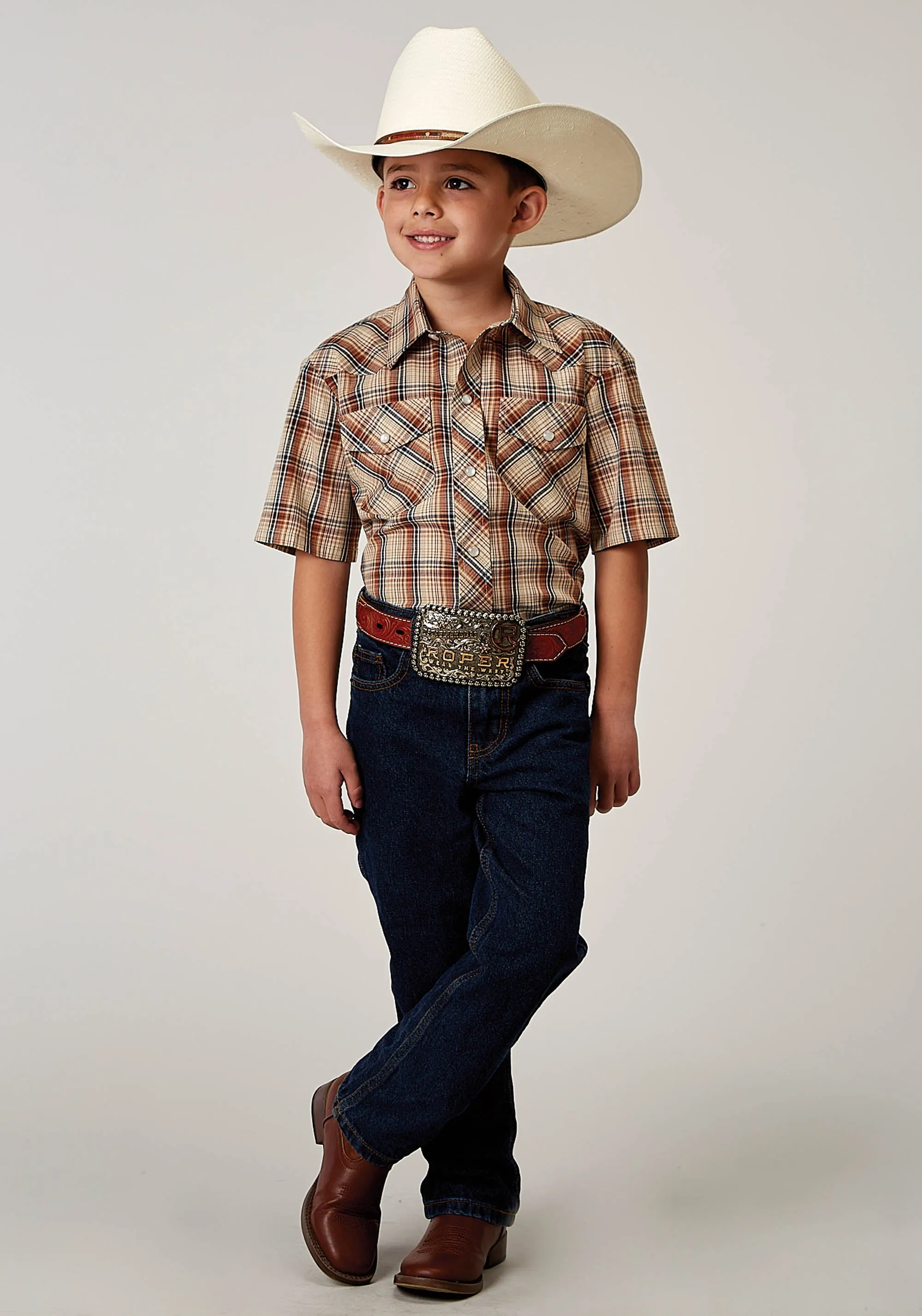 BOYS SHORT SLEEVE SNAP BROWN PLAID WESTERN SHIRT