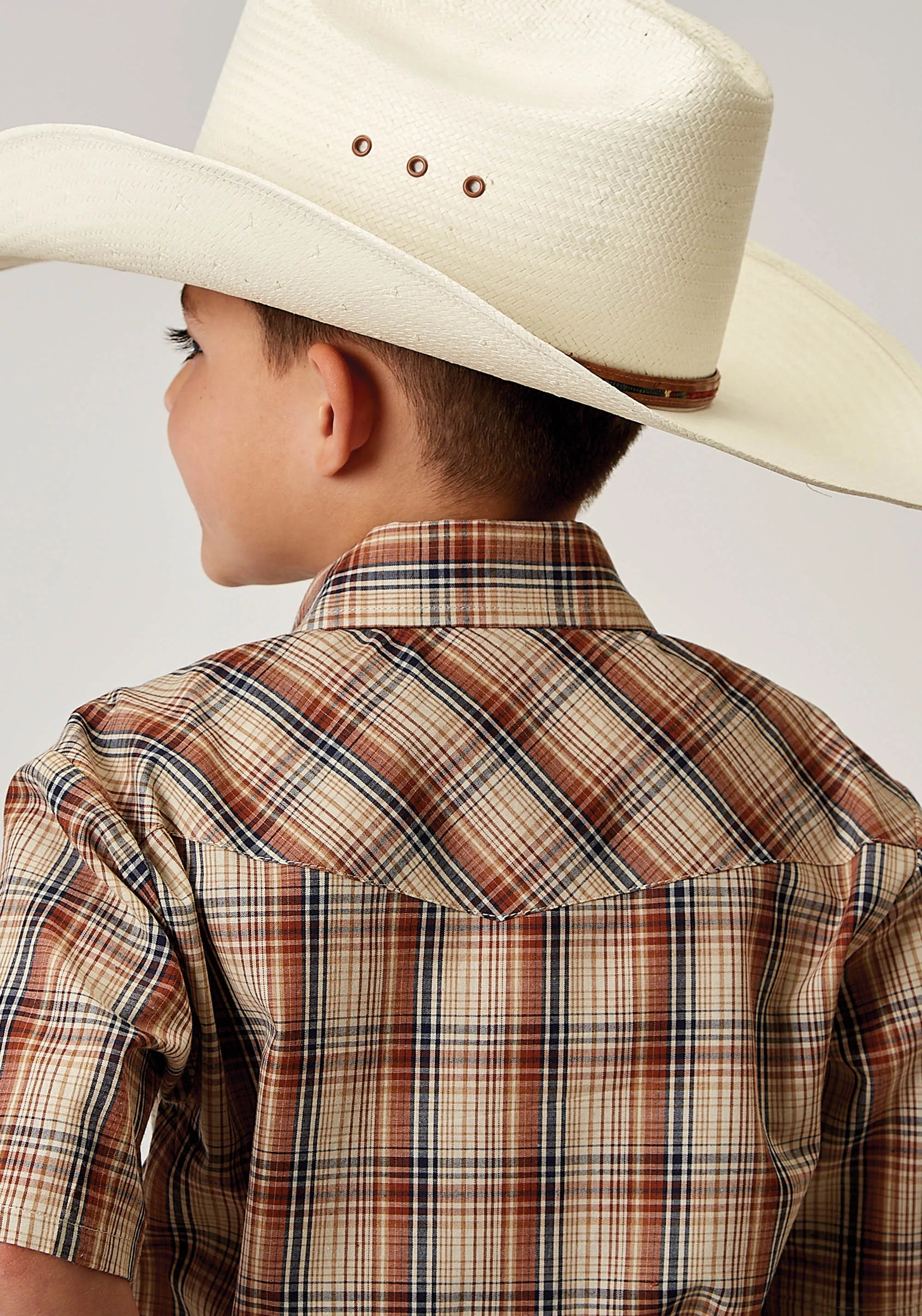 BOYS SHORT SLEEVE SNAP BROWN PLAID WESTERN SHIRT