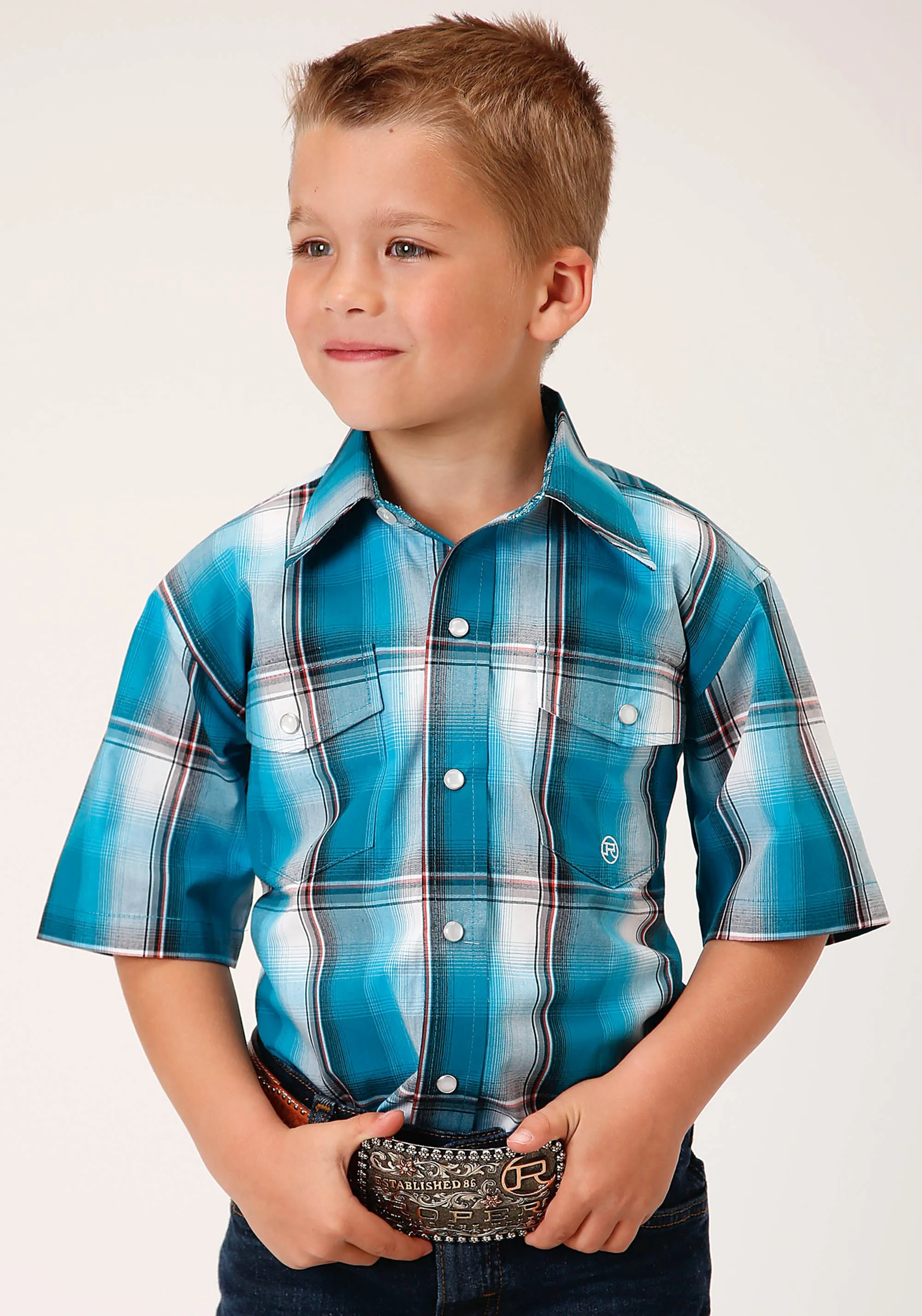 BOYS SHORT SLEEVE SNAP DEEP POOL OMBRE WESTERN SHIRT