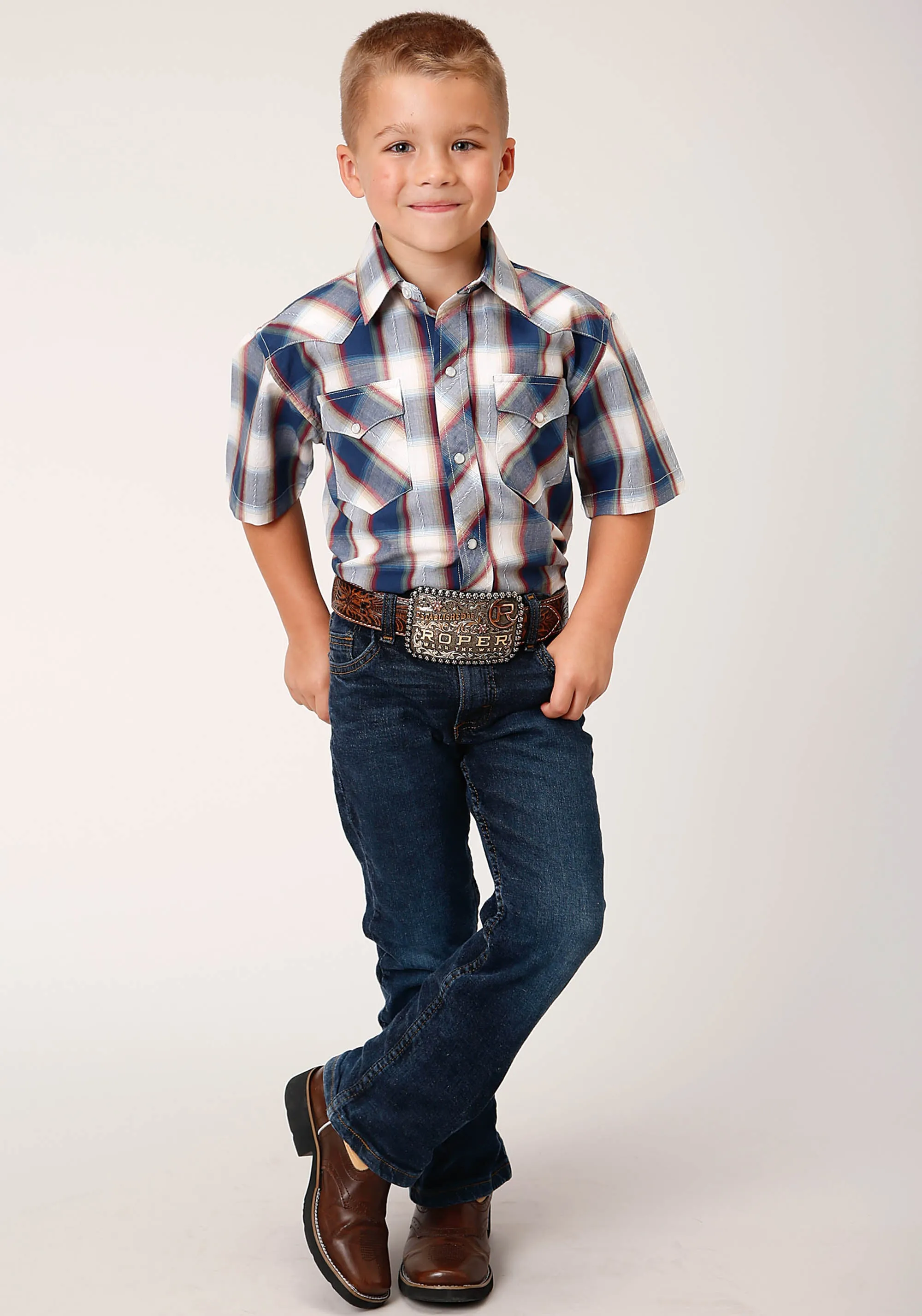 BOYS SHORT SLEEVE SNAP INDIGO DOBBY WESTERN SHIRT