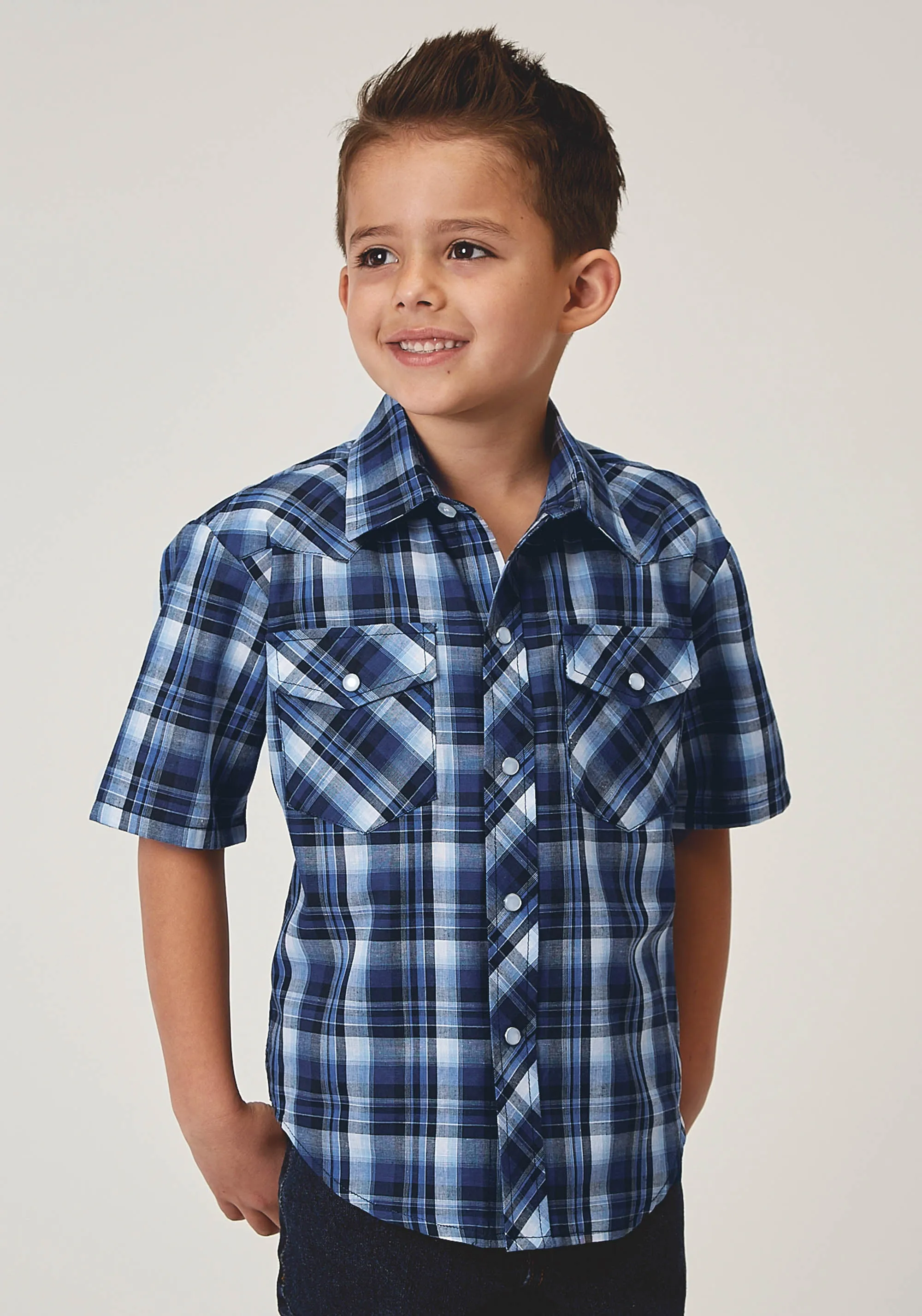 BOYS SHORT SLEEVE SNAP MIDNIGHT PLAID WESTERN SHIRT