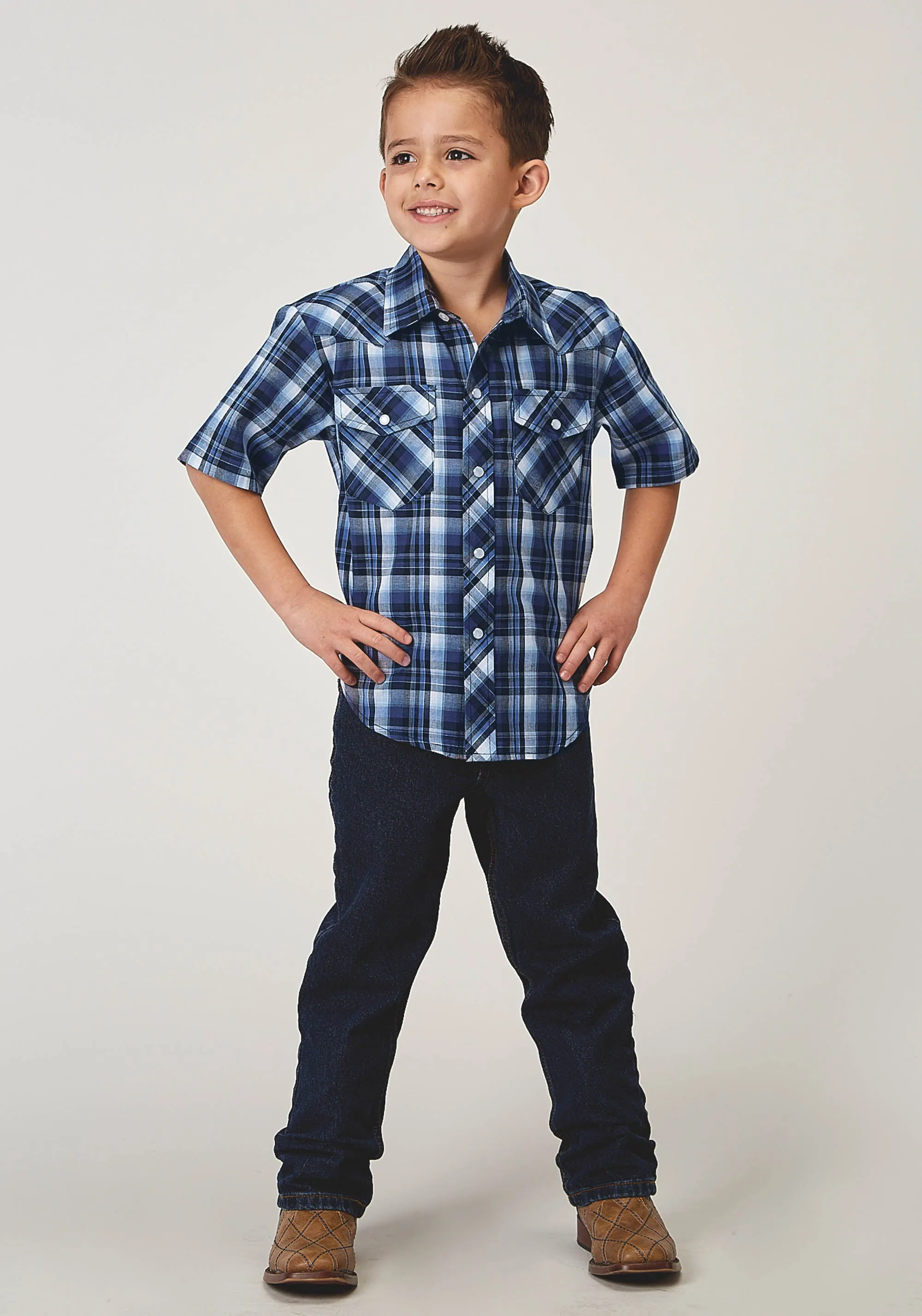 BOYS SHORT SLEEVE SNAP MIDNIGHT PLAID WESTERN SHIRT