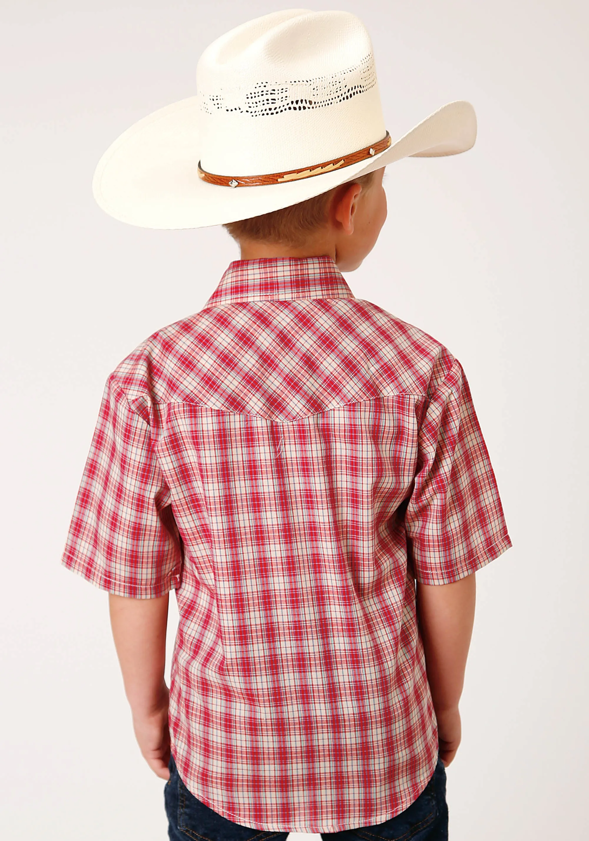 BOYS SHORT SLEEVE SNAP RED AND MULTI COLORED SMALL SCALE WESTERN SHIRT