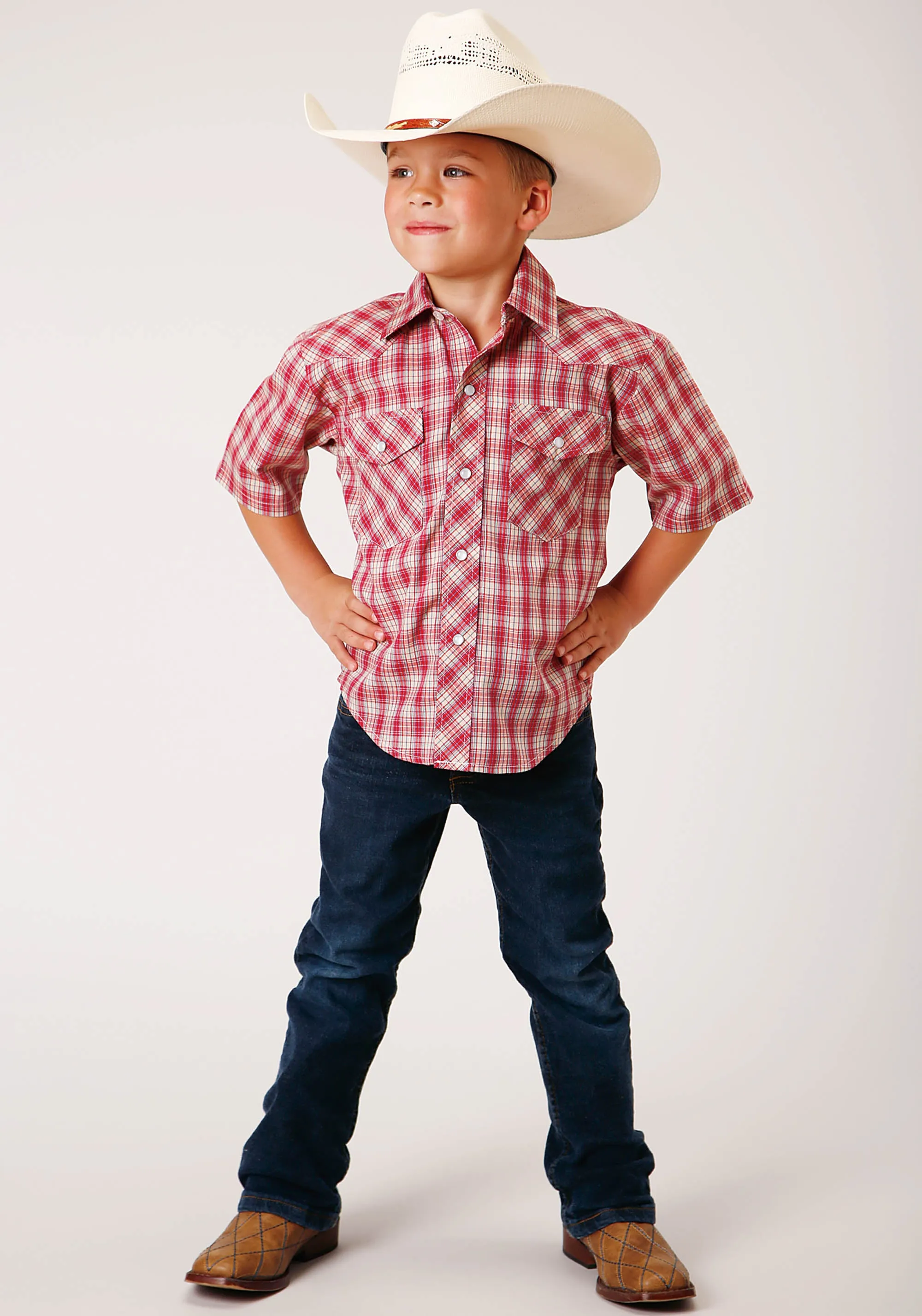 BOYS SHORT SLEEVE SNAP RED AND MULTI COLORED SMALL SCALE WESTERN SHIRT