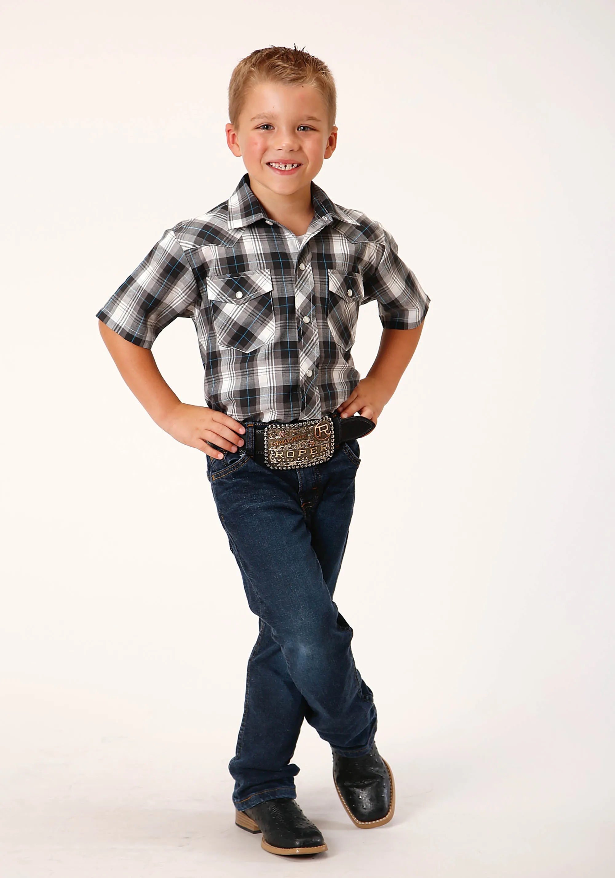 BOYS SHORT SLEEVE SNAP WHITE BLACK GREY PLAID WESTERN SHIRT