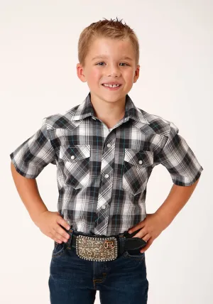 BOYS SHORT SLEEVE SNAP WHITE BLACK GREY PLAID WESTERN SHIRT