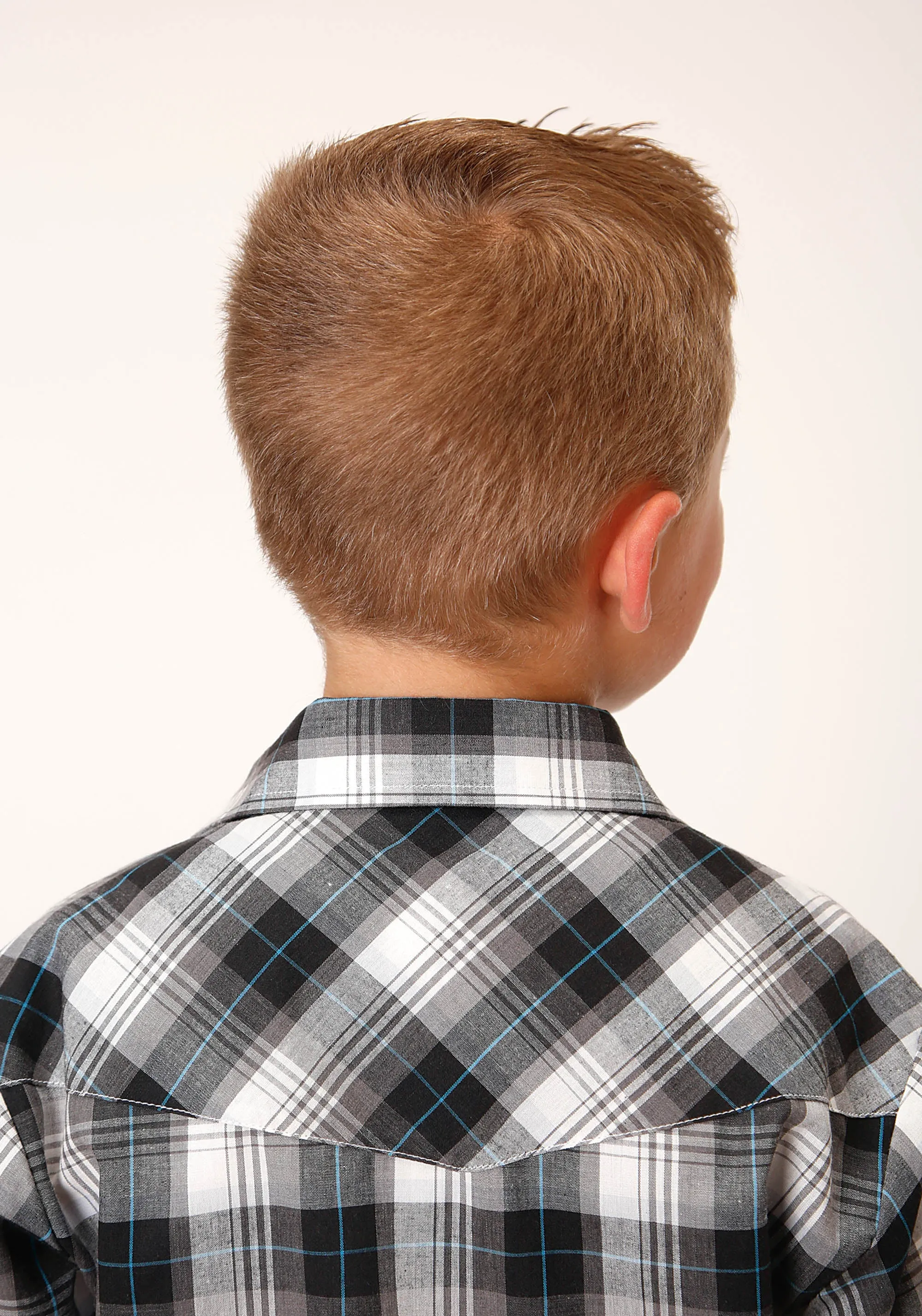 BOYS SHORT SLEEVE SNAP WHITE BLACK GREY PLAID WESTERN SHIRT