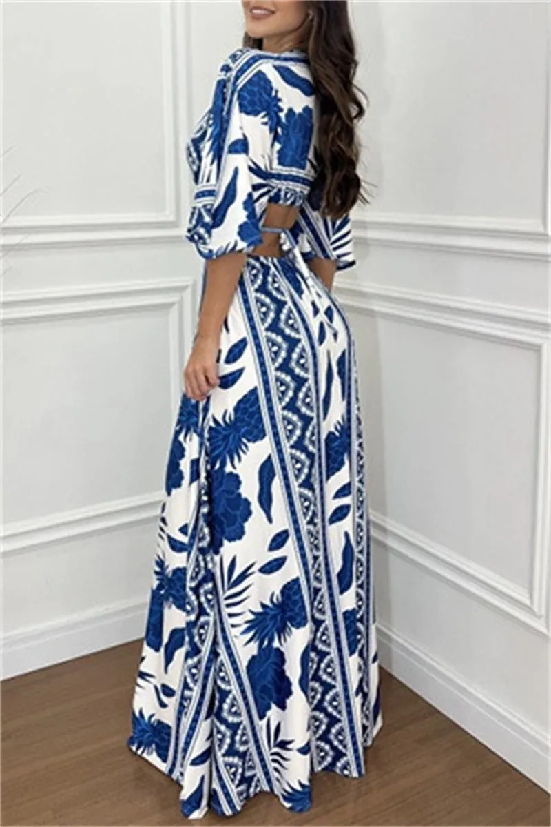 Casual Print Belted V Neck Long Dresses(3 Colors)