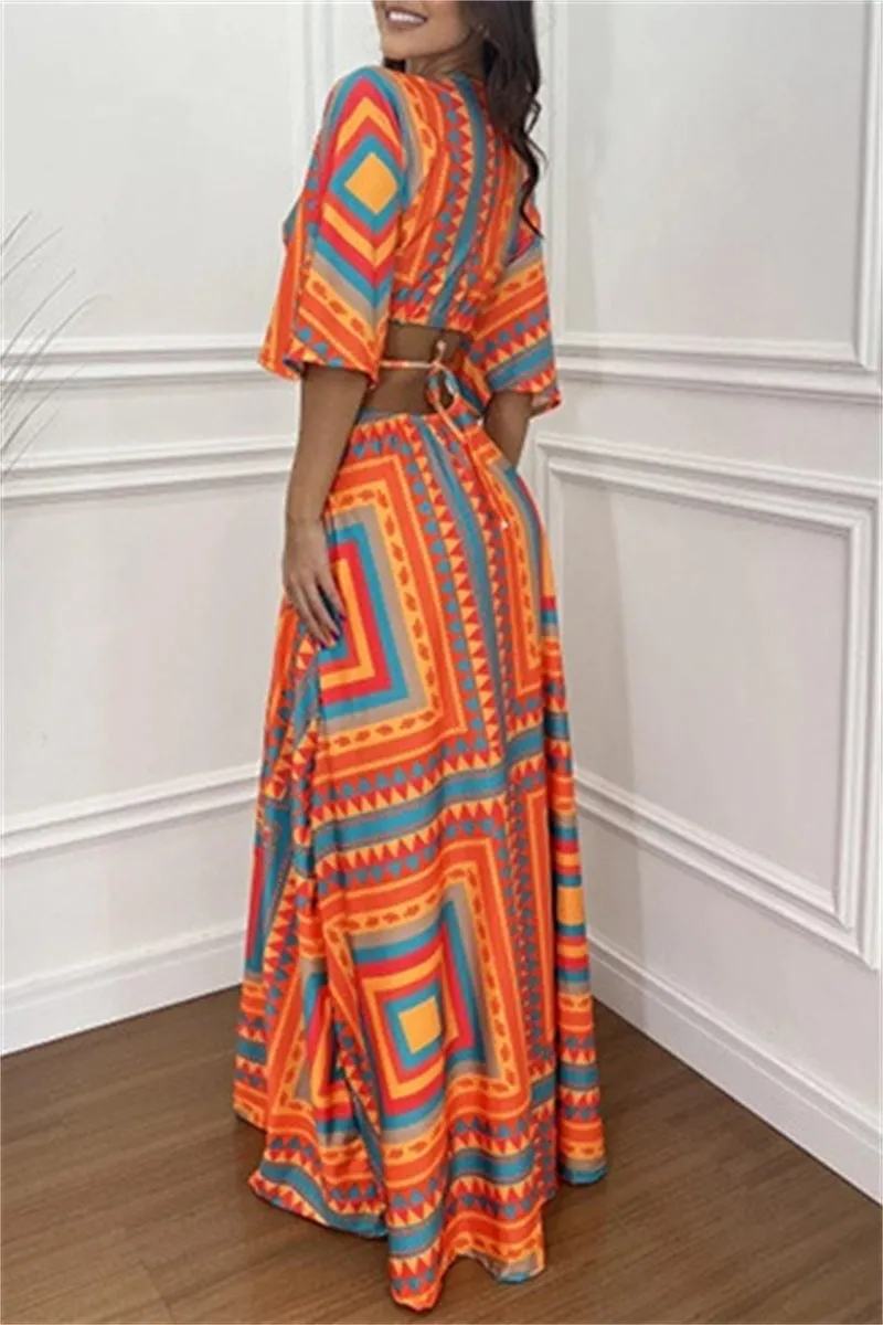 Casual Print Belted V Neck Long Dresses(3 Colors)