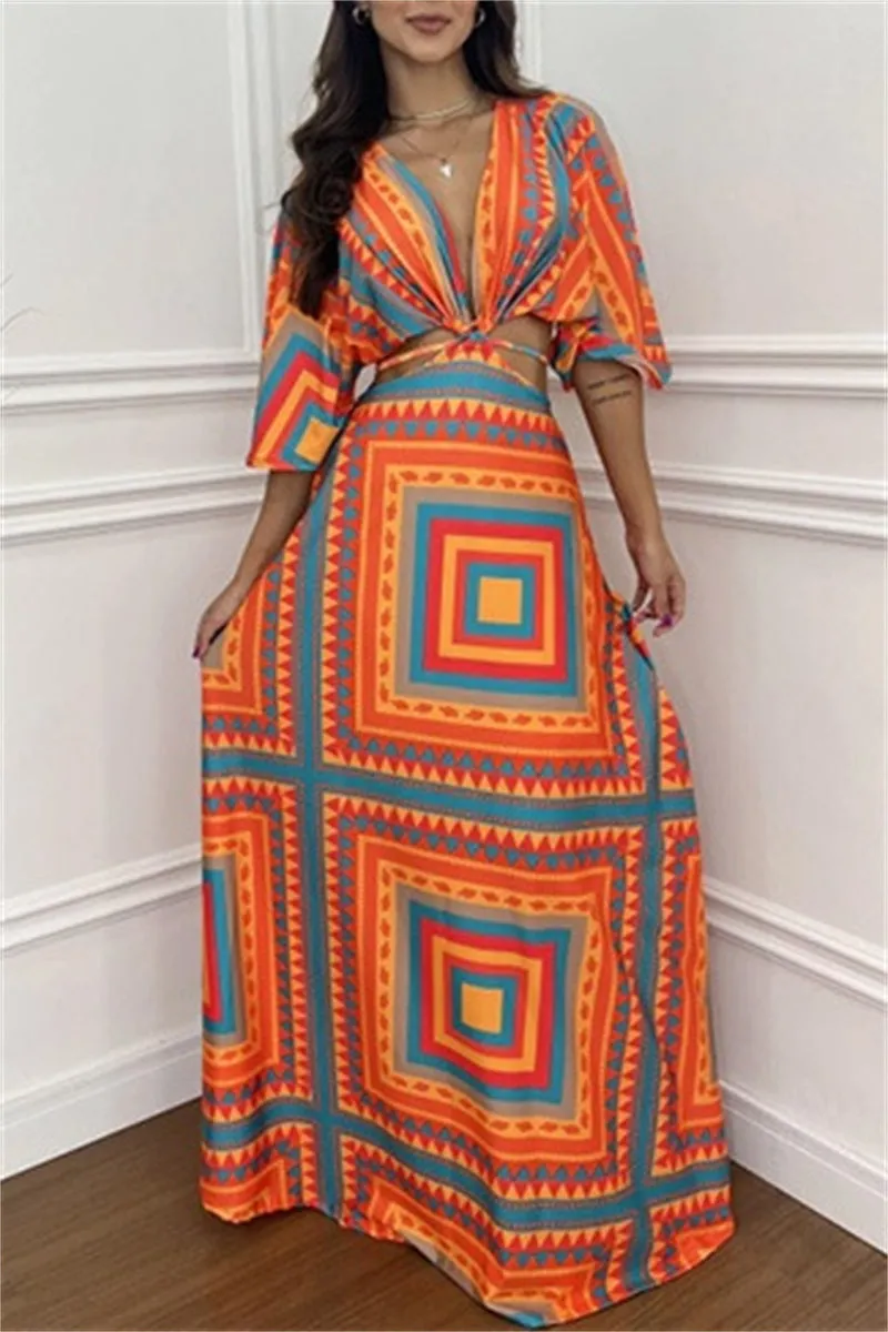 Casual Print Belted V Neck Long Dresses(3 Colors)