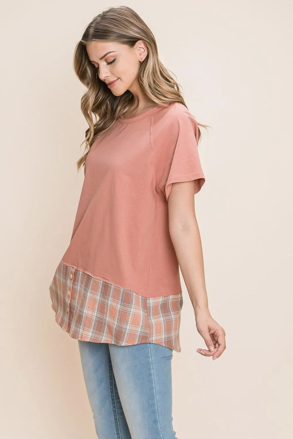 Cotton Bleu Plaid Contrast Short Sleeve T-Shirt