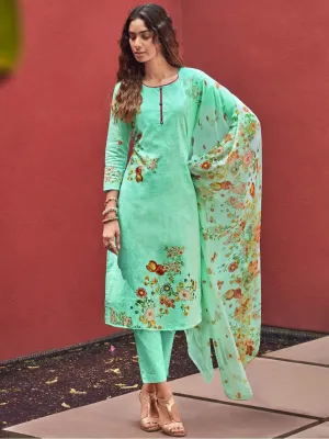 Cotton Linen Green Printed Unstitched Suit Material