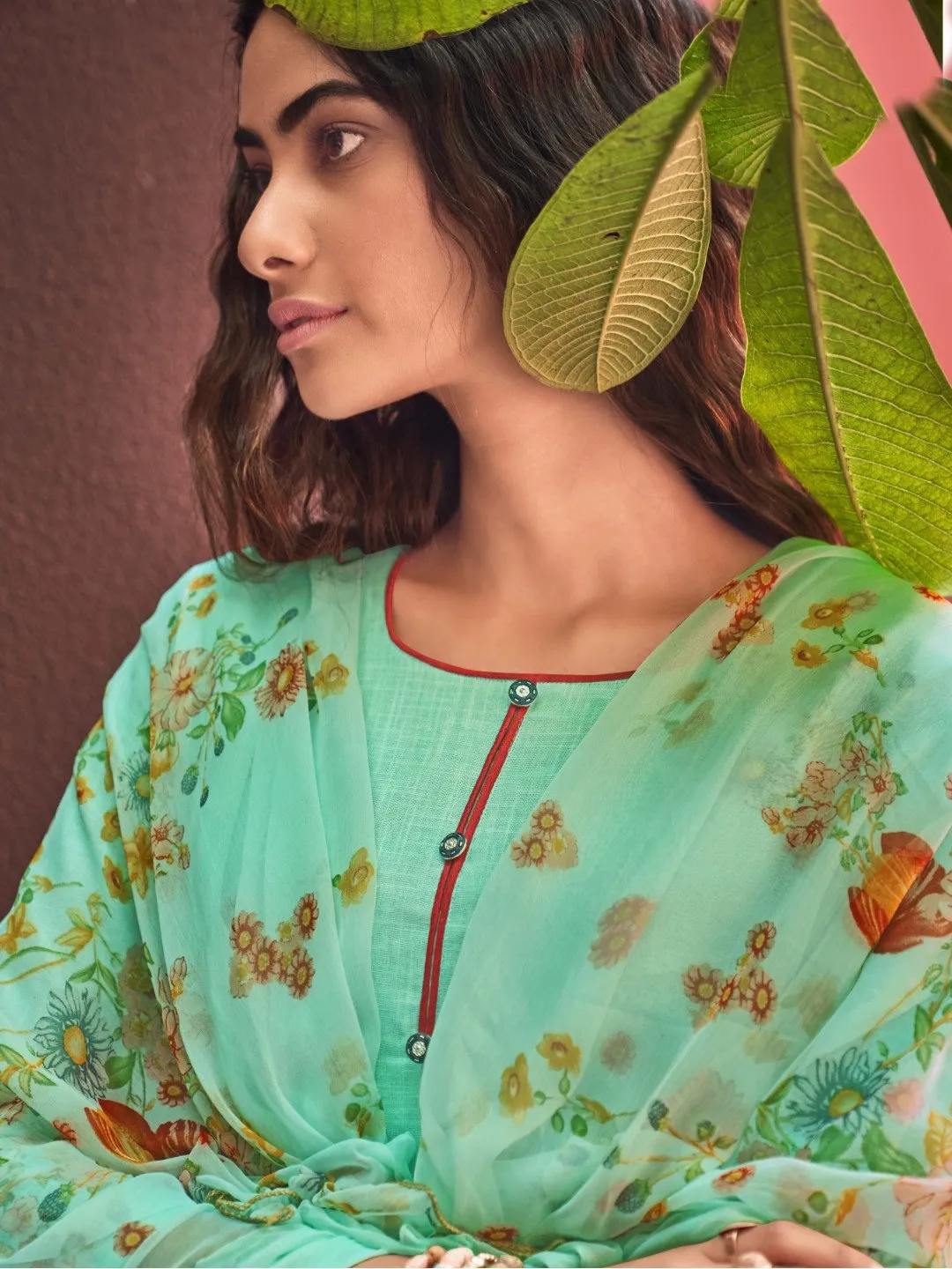 Cotton Linen Green Printed Unstitched Suit Material