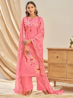 Cotton Linen Printed Pink Unstitched Suit With Chiffon Dupatta