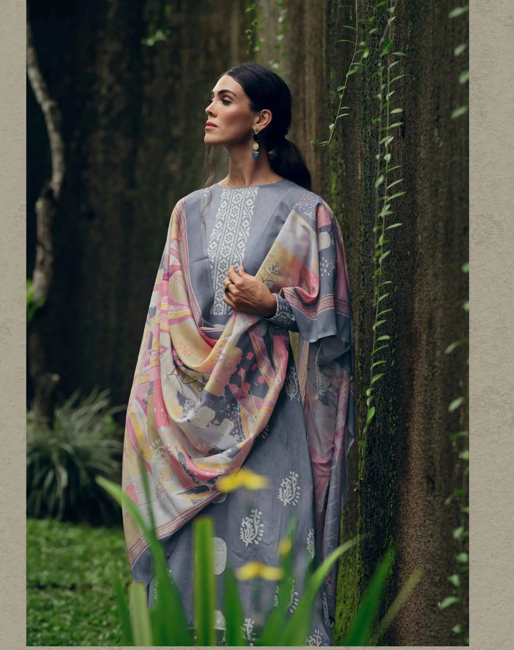 Cotton Silk Greyish Blue Unstitched Suit Material With Embroidery