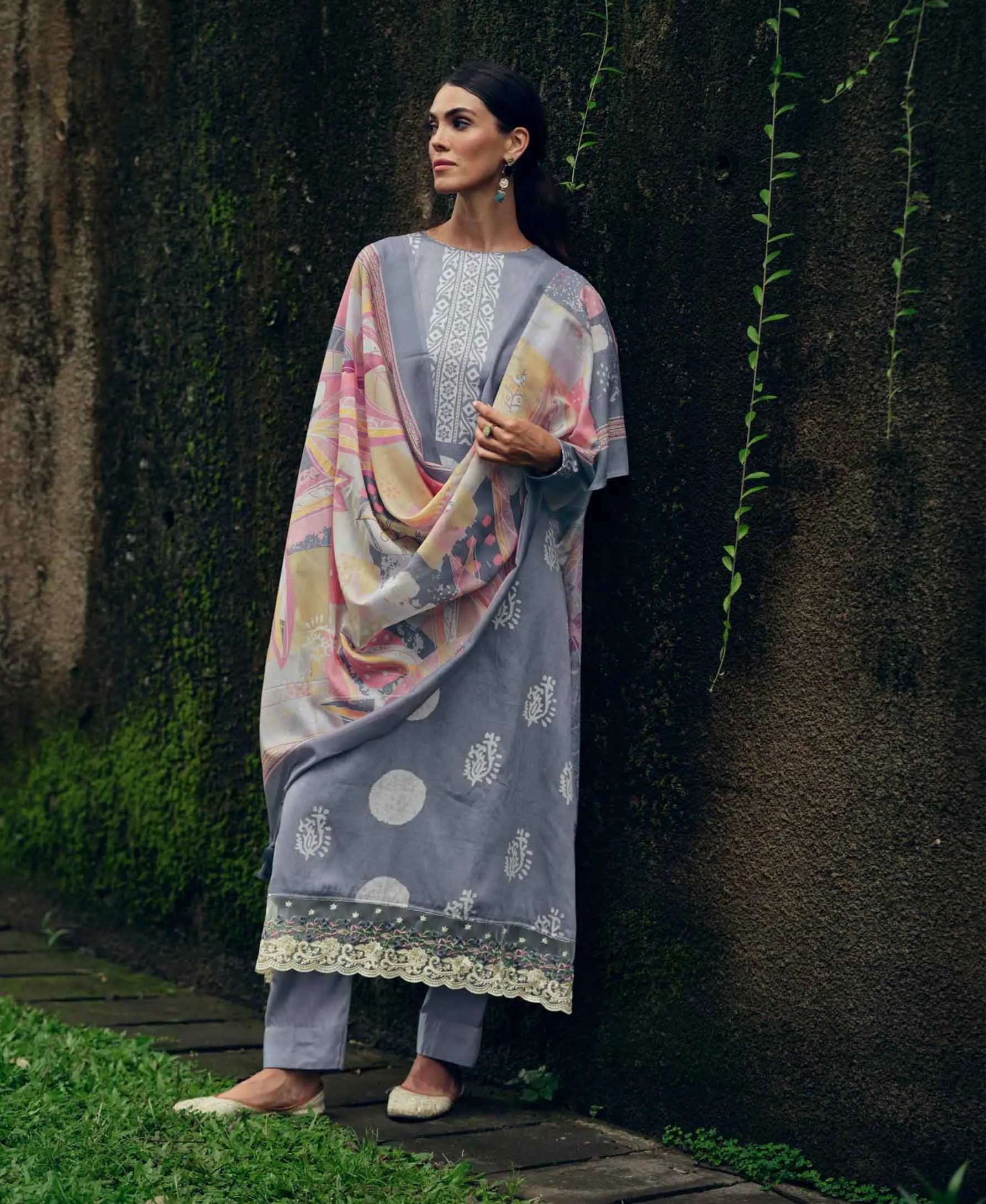 Cotton Silk Greyish Blue Unstitched Suit Material With Embroidery