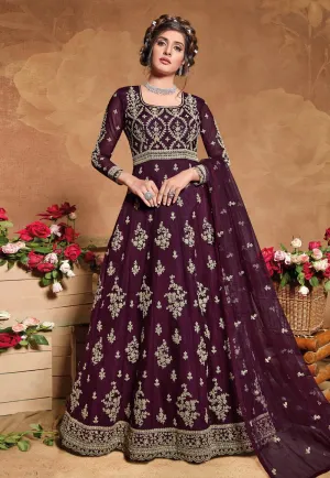 Fabulous Wine Net Embroidered Floor Length Anarkali Suit