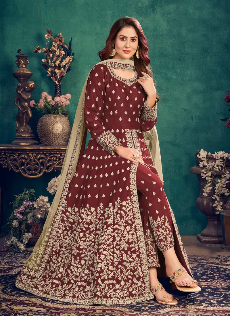 Floor Length Maroon Art Silk Embroidered Anarkali Suit