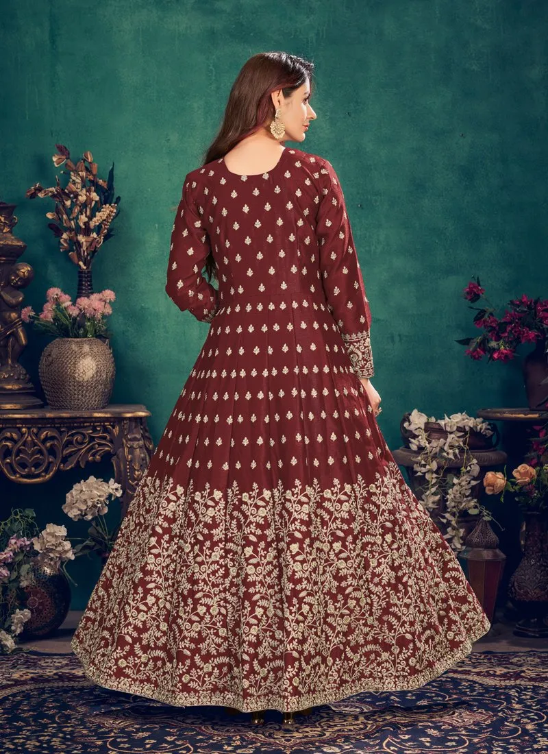 Floor Length Maroon Art Silk Embroidered Anarkali Suit