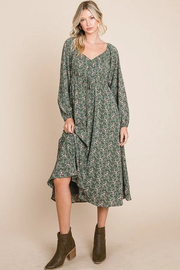 Floral printed puff long sleeve woven midi dress with front tie detail