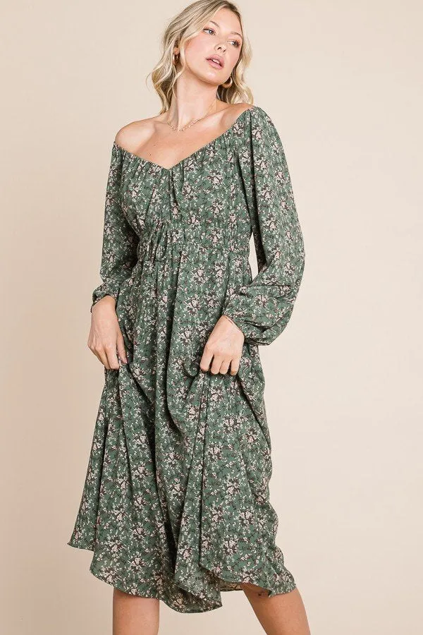 Floral printed puff long sleeve woven midi dress with front tie detail