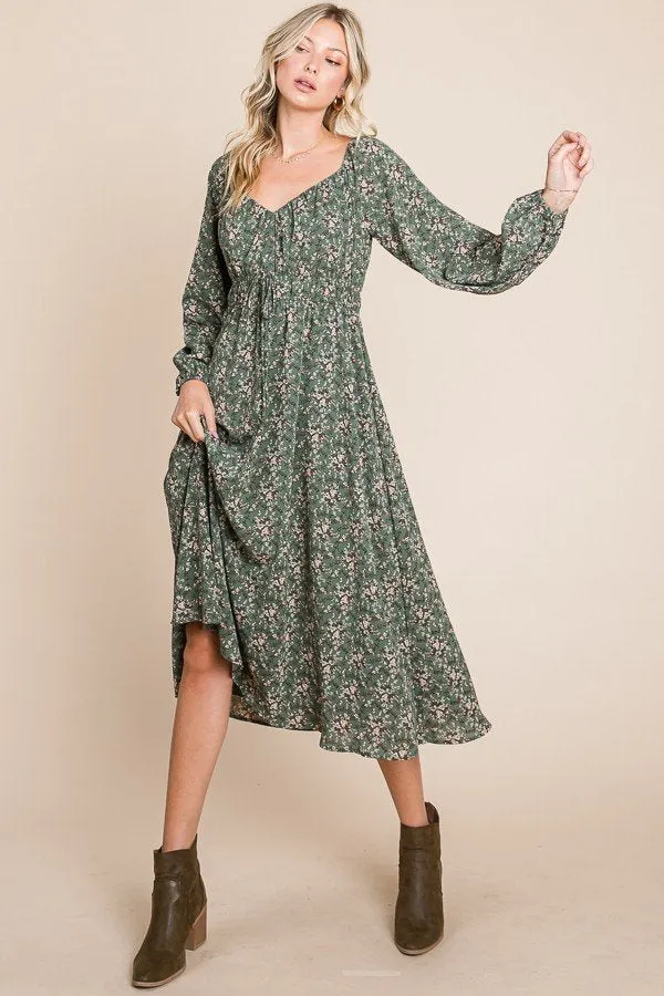 Floral printed puff long sleeve woven midi dress with front tie detail