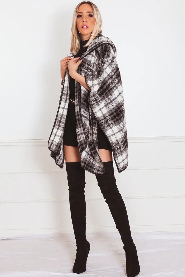 Fur Plaid Poncho Coat