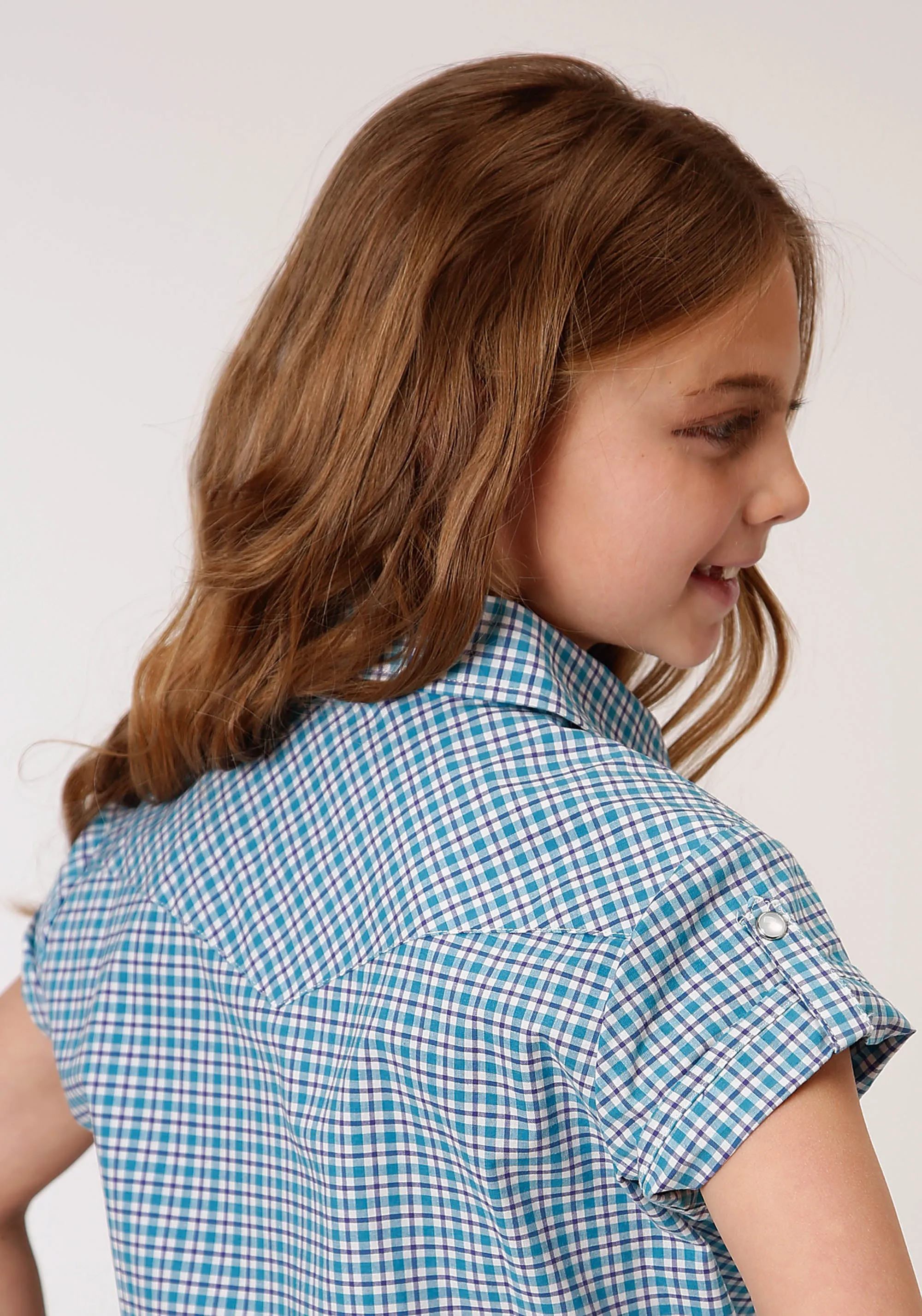 GIRLS SHORT SLEEVE SNAP STRETCH CHECK WESTERN SHIRT