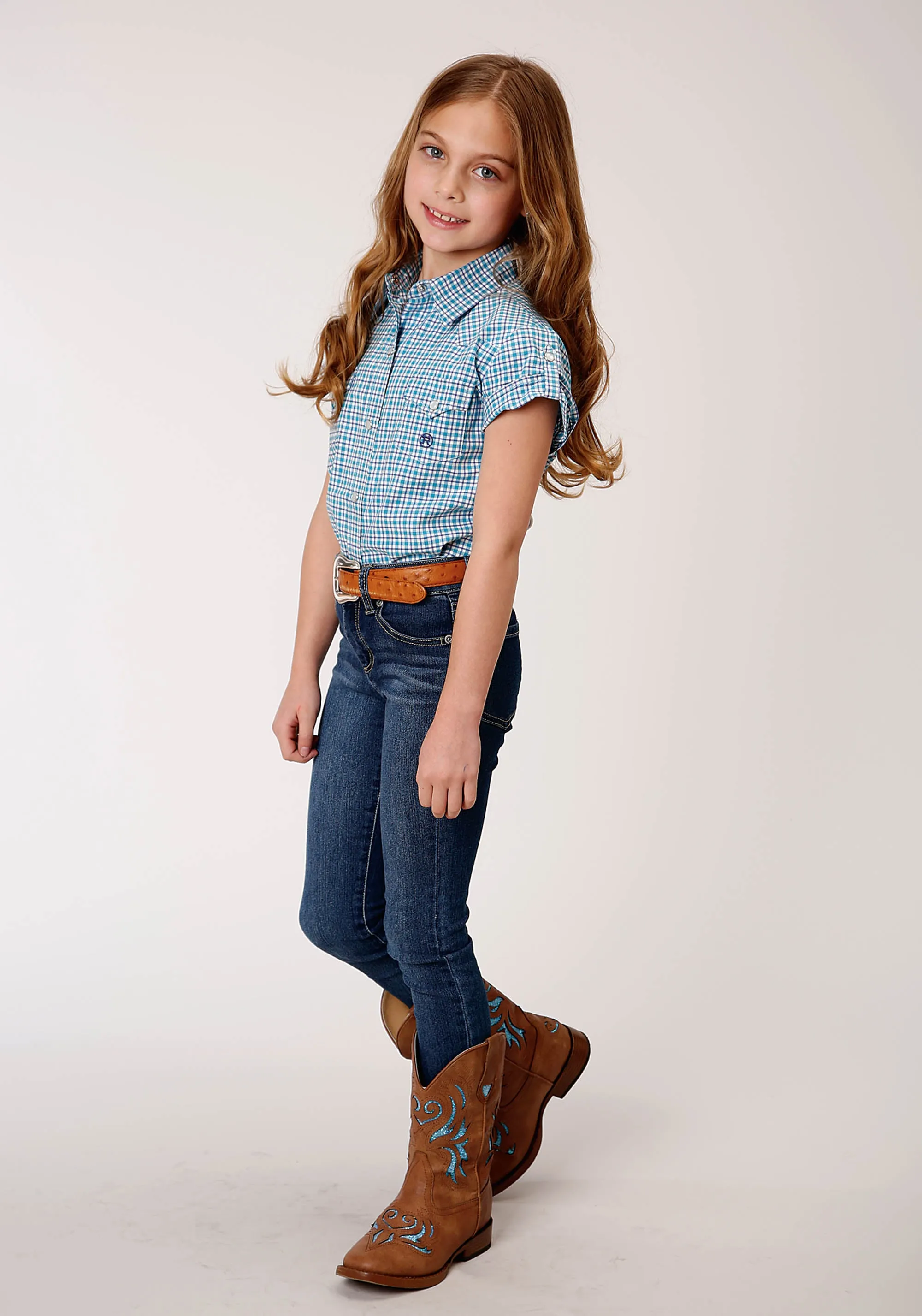 GIRLS SHORT SLEEVE SNAP STRETCH CHECK WESTERN SHIRT