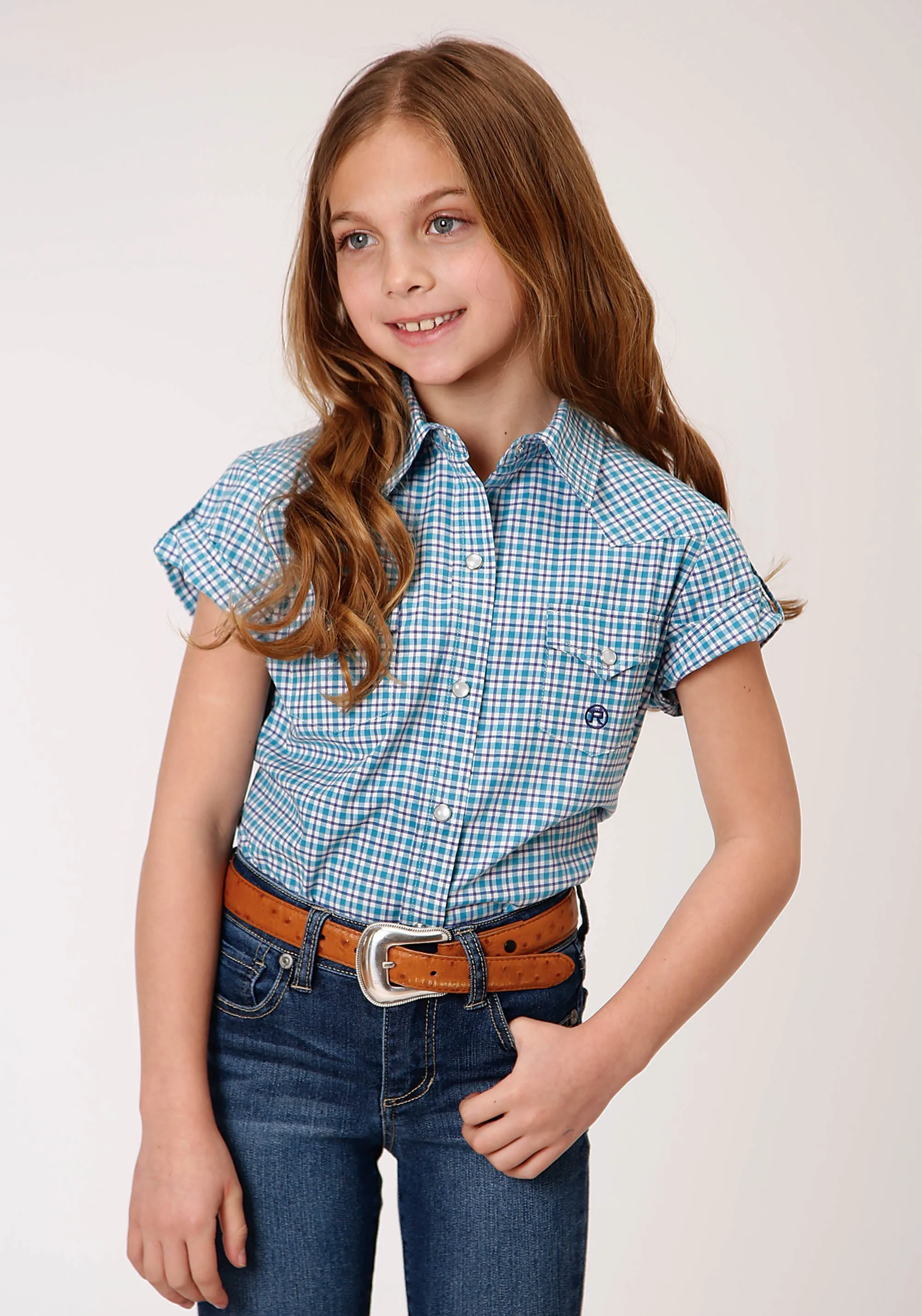 GIRLS SHORT SLEEVE SNAP STRETCH CHECK WESTERN SHIRT