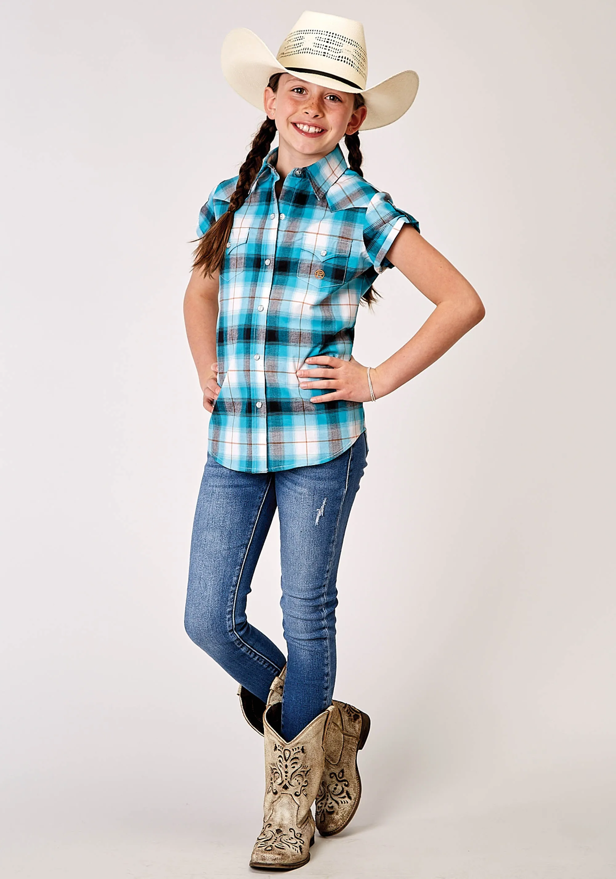 GIRLS SHORT SLEEVE SNAP STRETCH POPLIN TURQUOISE PLAID WESTERN SHIRT