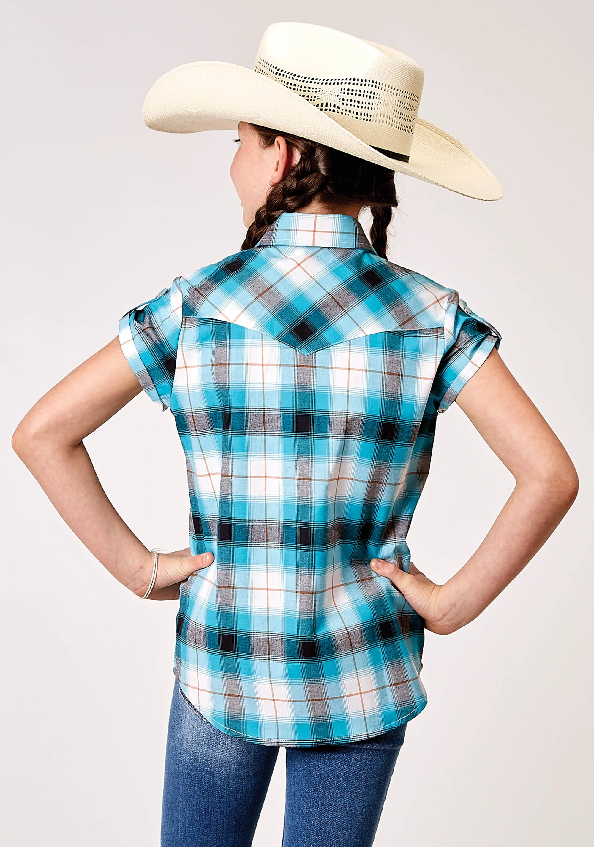 GIRLS SHORT SLEEVE SNAP STRETCH POPLIN TURQUOISE PLAID WESTERN SHIRT