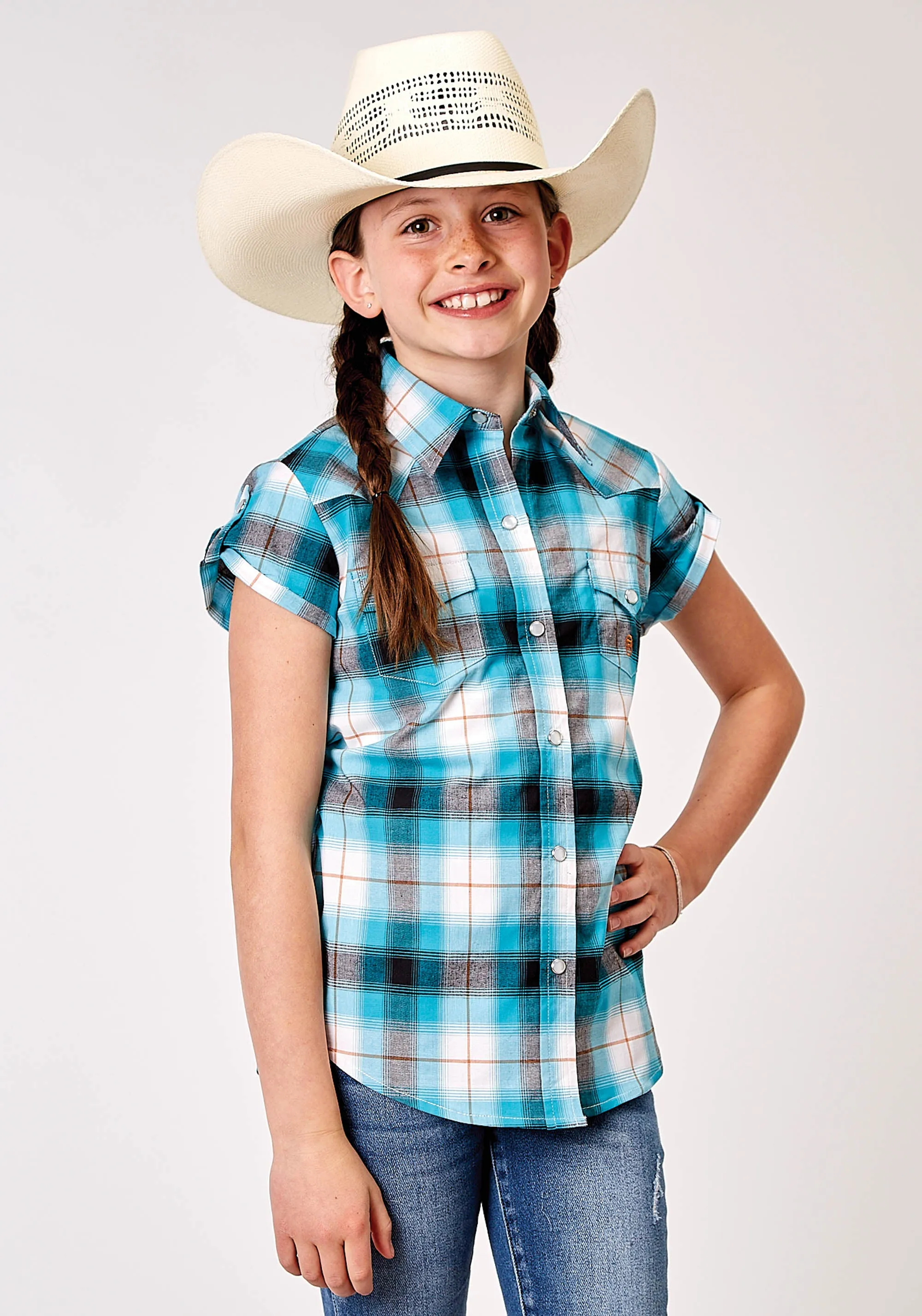 GIRLS SHORT SLEEVE SNAP STRETCH POPLIN TURQUOISE PLAID WESTERN SHIRT