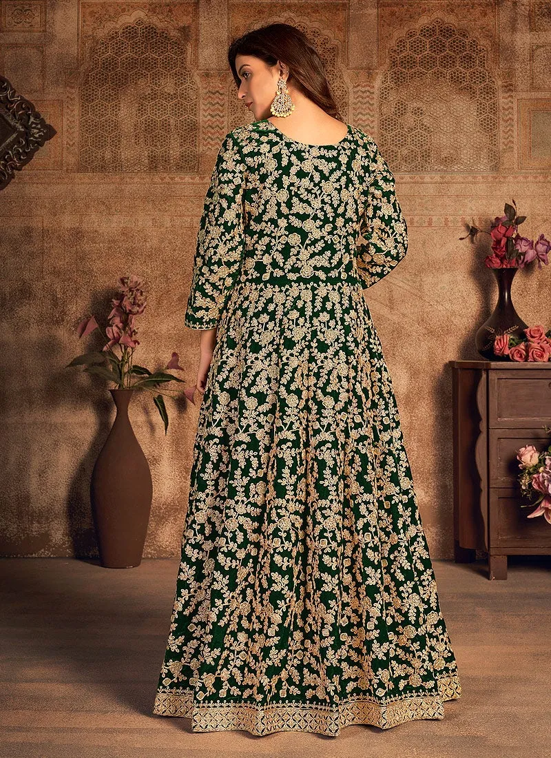 Green Velvet Abaya Style Floor Length Anarkali Suit