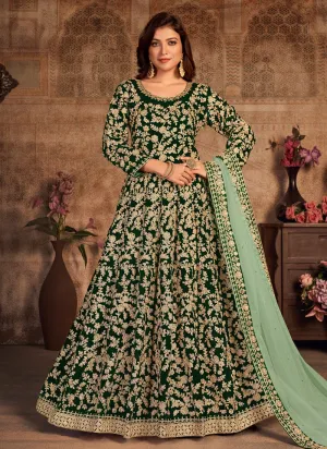 Green Velvet Abaya Style Floor Length Anarkali Suit