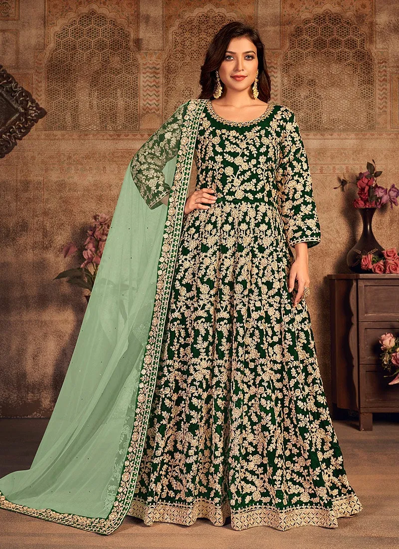 Green Velvet Abaya Style Floor Length Anarkali Suit