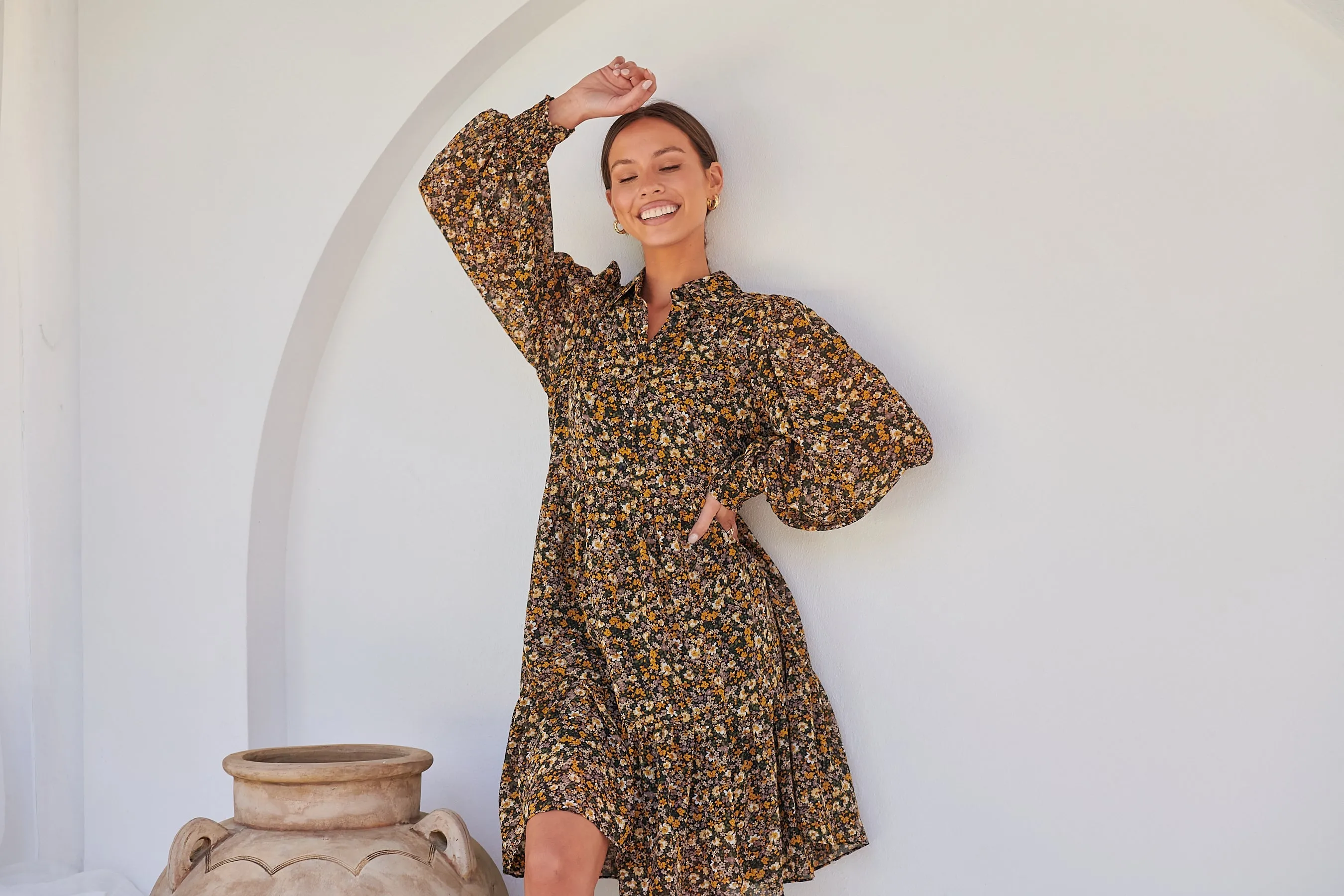 Jessie Floral Chiffon Long Sleeve Collared Dress