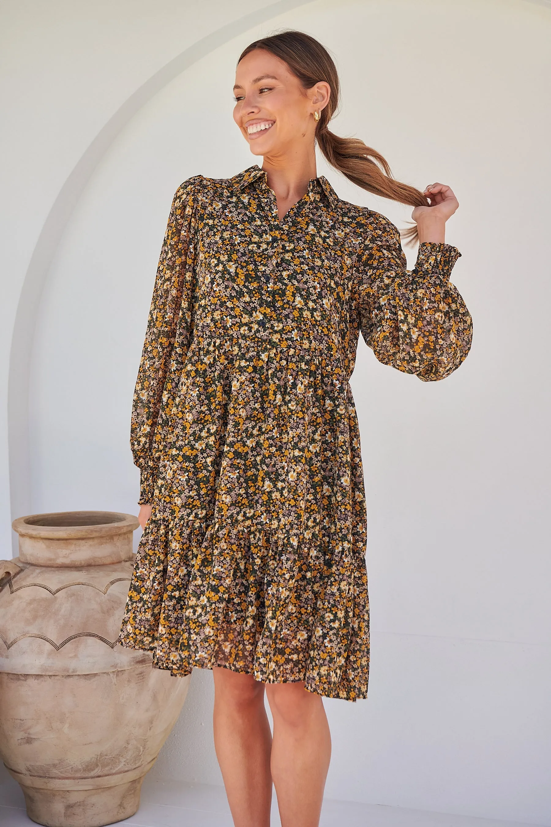 Jessie Floral Chiffon Long Sleeve Collared Dress